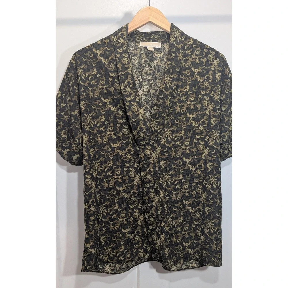 Michael Michael Kors Womens M Butterfly‎ Print Polyester Blouse Olive Gold